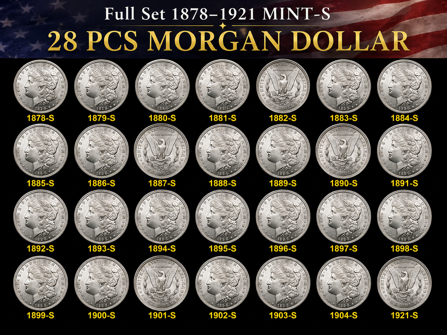 Morgan Dollar Style Complete Collection – 28 Silver-Plated Vintage-Inspired Coins